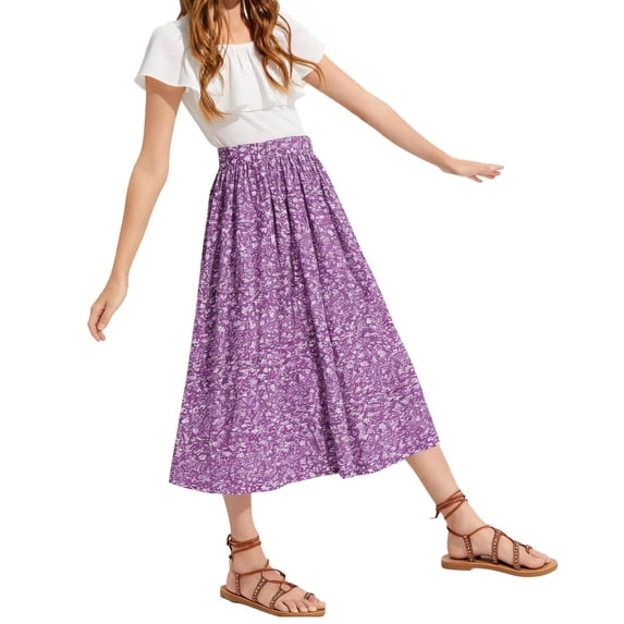 Maxi Skirt for Girls Casual Loose Elastic High Waist Long Skirt Floral Printed Ruffled Skorts Skirts