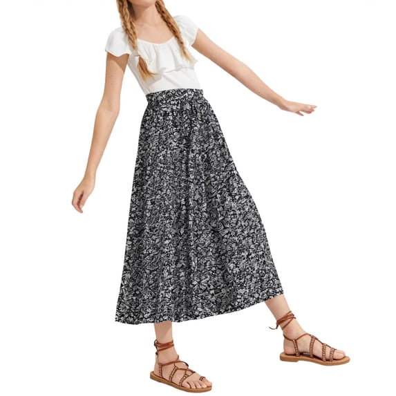 Maxi Skirt for Girls Casual Loose Elastic High Waist Long Skirt Floral Printed Ruffled Skorts Skirts