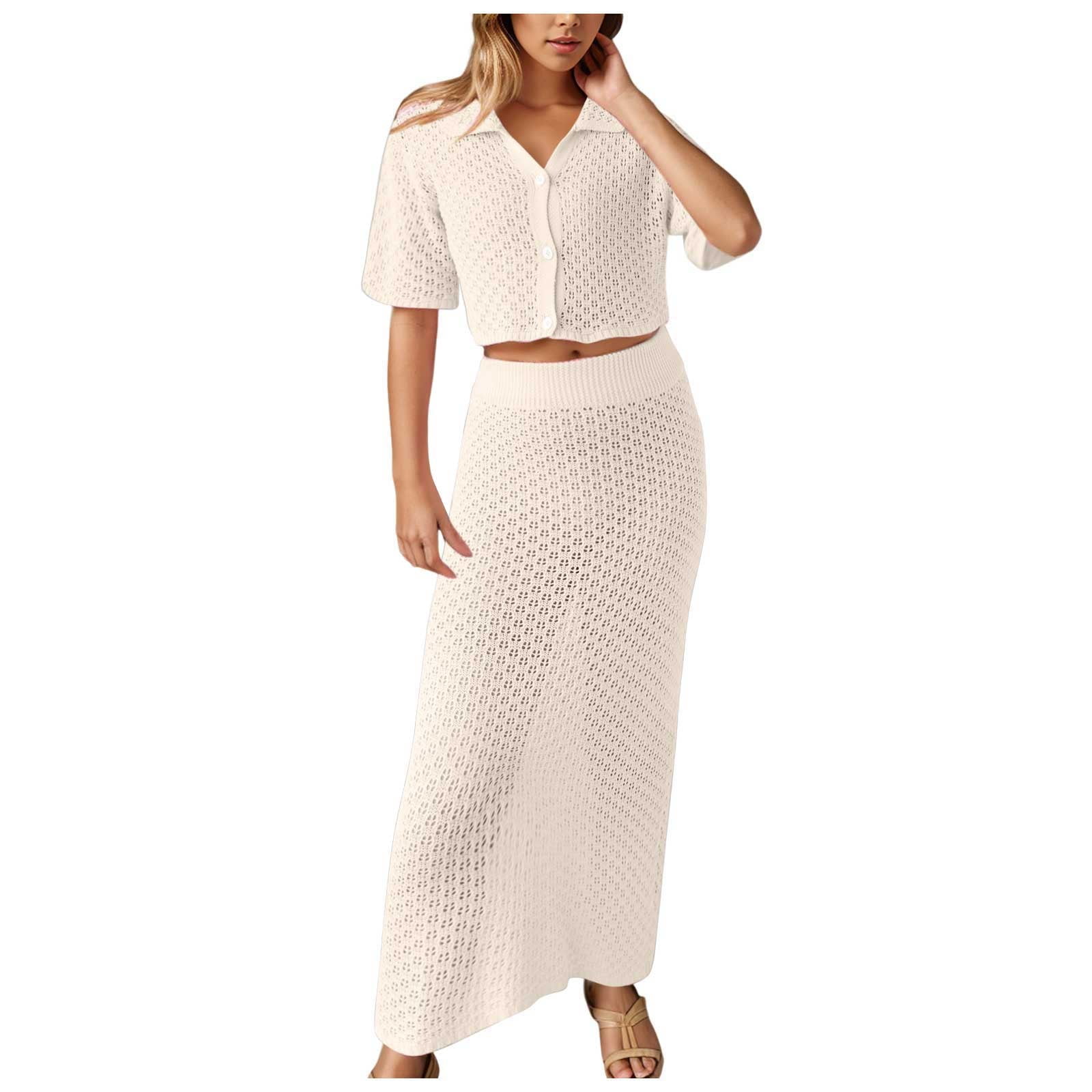 Maxi Skirt for Women 2024 New Knitted Crochet Flower Set Skirt Cardigan Buckle Skirt Suit Jogger Set Beige M Walmart