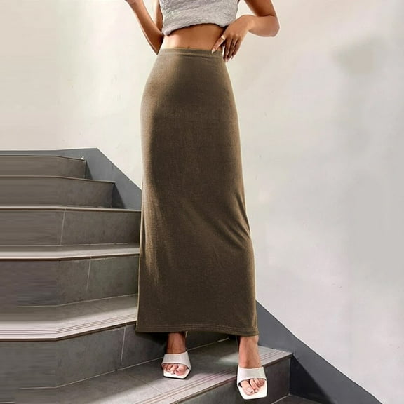 Maxi Skirt for Women Back Slit High Waist Casual Long Pencil Skirts Brown Xxl