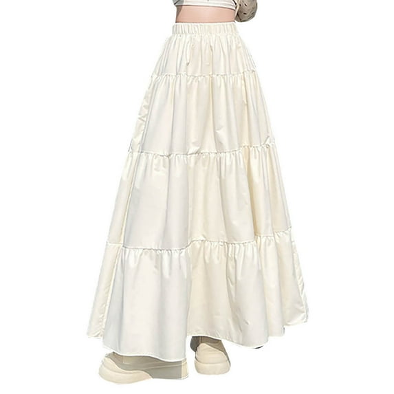 Maxi Skirt for Women Boho Elastic High Waist Pleated A-Line Flowy Ruffle Swing Tiered Ruffle Long Beach Skirt