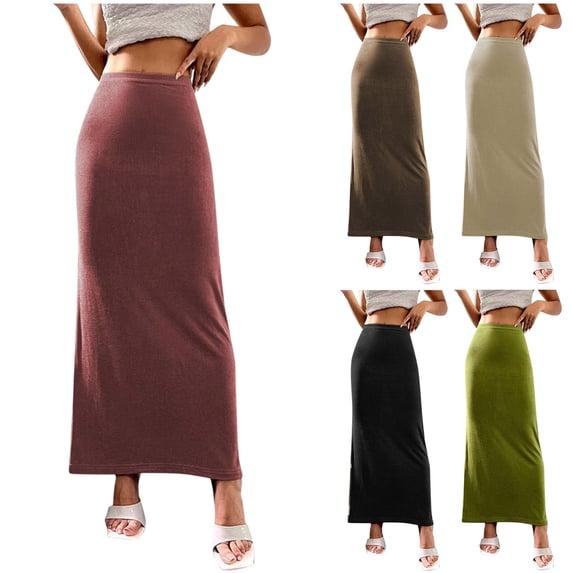 Maxi Skirt for Women Elastic Waist Pencil Skirt Casual Solid Color Half Ankle Long Skirt, Size S-3XL