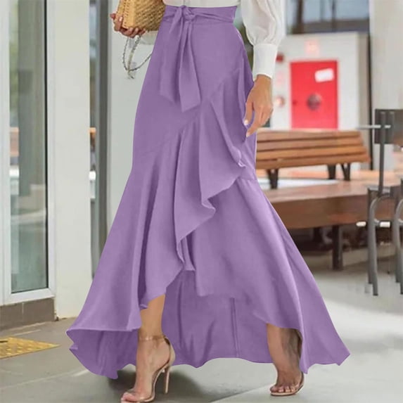 Maxi Skirt for Women Wrap Skirt Casual Solid Color High Waist Irregular Hem Belted Skirt for Summer, Size S-2XL