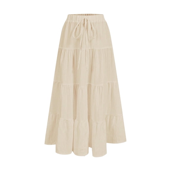 Maxi Skirts Cotton Linen Bohe Beach Flowy Long Skirt A-Line Elastic High Waist High Waisted Ruffle Tiered Summer Outfit