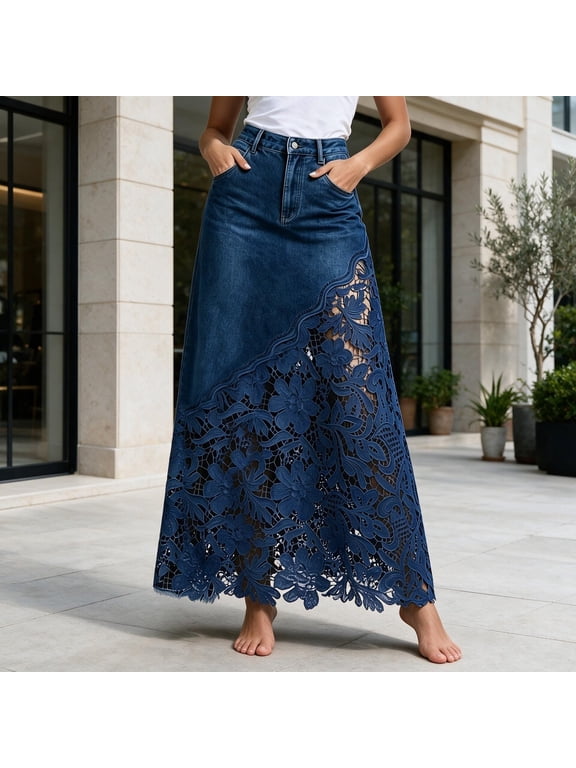 Maxi Skirts For Women A Line Jean Skirts High Waist Floral Lace Spliced Long Skirt With Side Pockets For Casual Wear