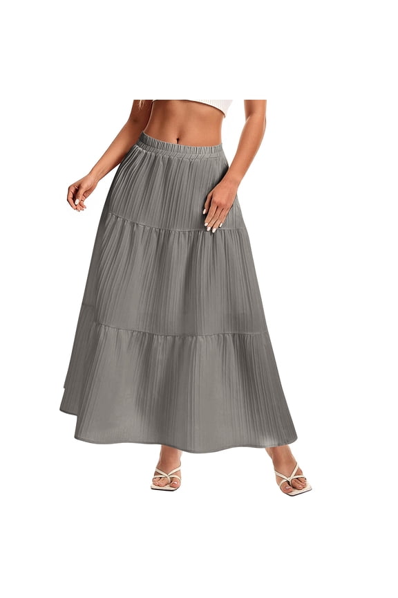 Maxi Skirts For Women High Waist Tiered Maxi Skirt Elastic Smocked Waist Flowy A Line Pleated Long Skirt Casual Solid Color Skirts 2XL Gray