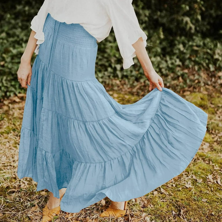 Maxi Skirts For Women s Summer Elastic High Waist Boho Maxi Skirt Casual Drawstring A Line Long Skirt Blue