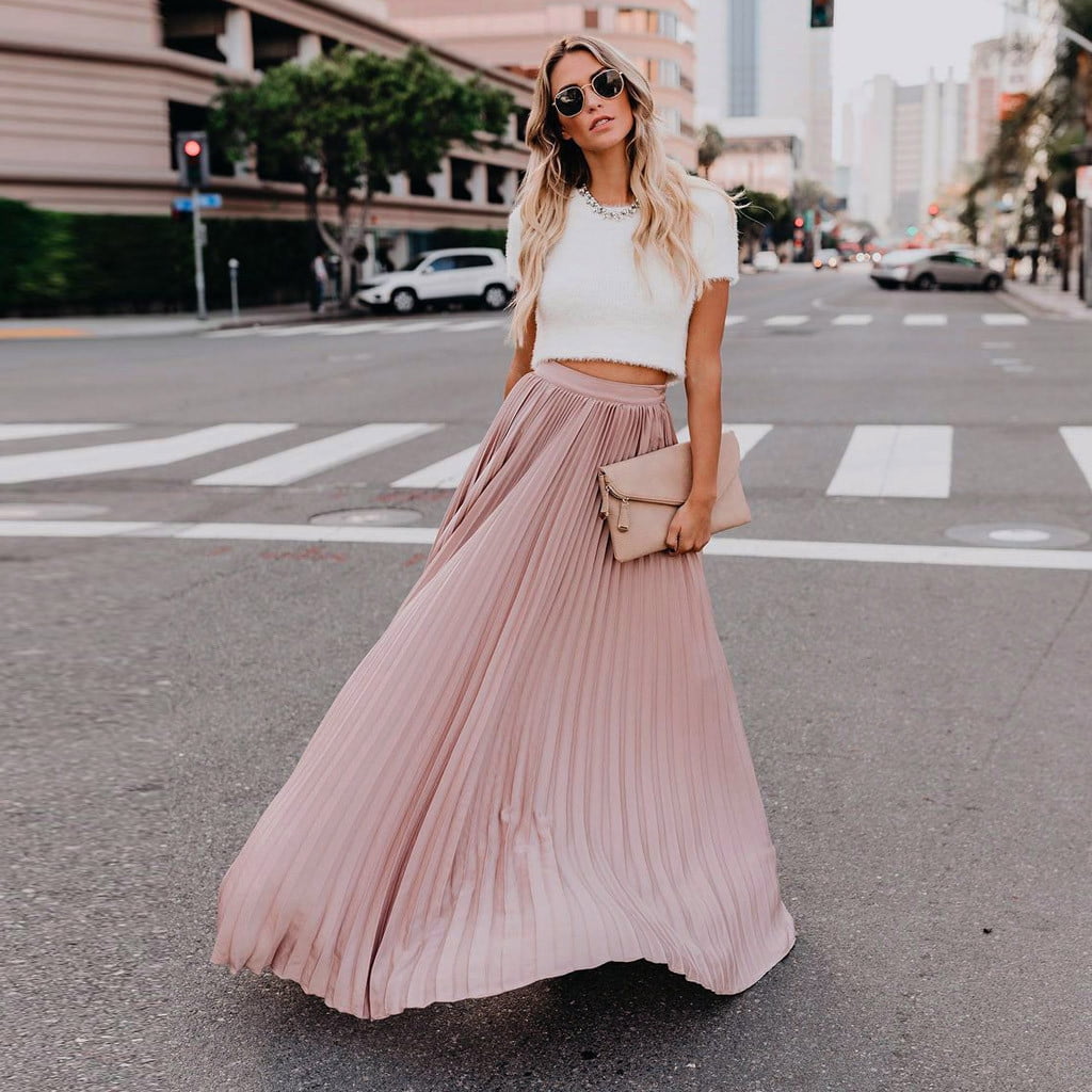 Maxi Skirts For Womens Fashion High Waist Fold Soild Vintage Loose