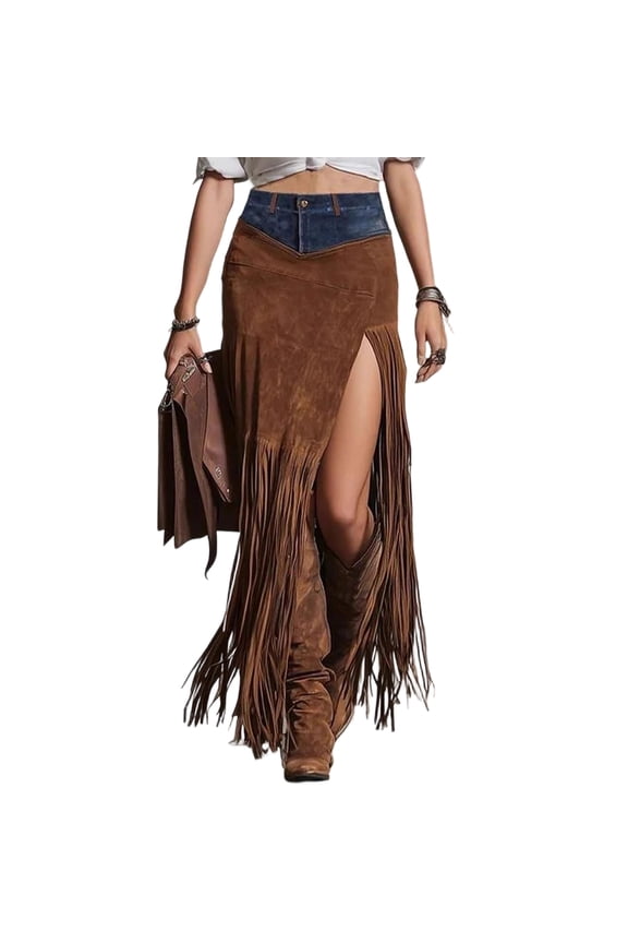 Maxi Skirts For Women High Waisted Denim Waistband Patchwork Skirts Western Style Suede Fringe Asymmetric Slit Maxi Skirt Trendy Long Skirt For Cowgirl Festival Party S Brown