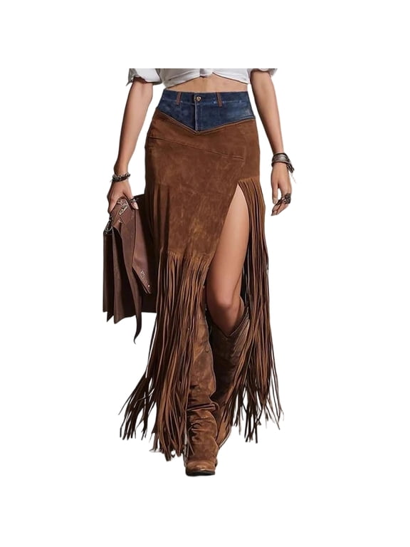 Maxi Skirts For Women High Waisted Denim Waistband Patchwork Skirts Western Style Suede Fringe Asymmetric Slit Maxi Skirt Trendy Long Skirt For Cowgirl Festival Party S Brown