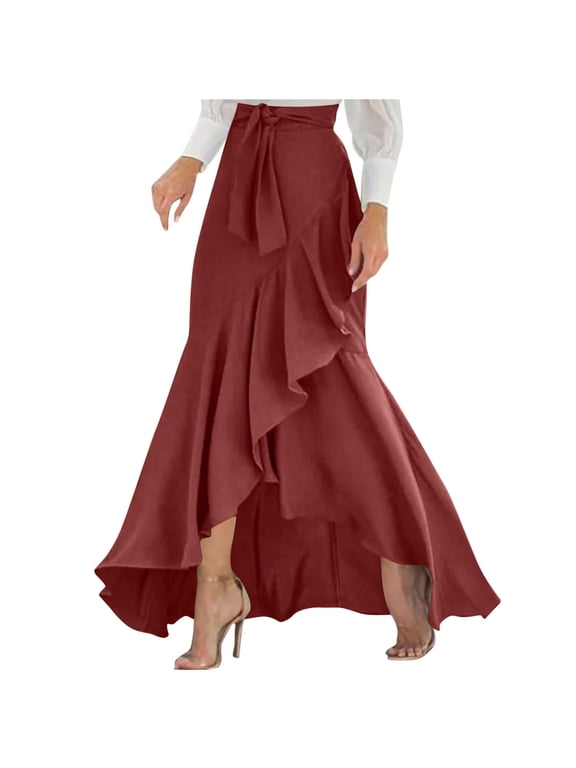 Maxi Skirts for Women Summer Boho Tiered Long Flowy Skirt Bohemian Boho Drawstring High Waisted Swing A-Line Skirt Casual Party Holiday Ruffle Gypsy Vintage Pleated Skirts Full Length Wine XXL