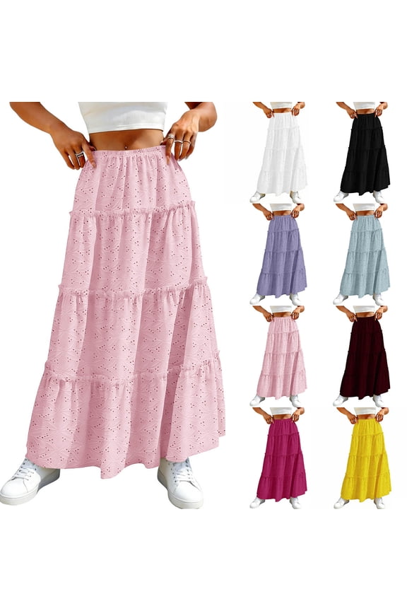 Maxi Skirts for Women Summer Boho Tiered Long Flowy Skirt Bohemian Boho Drawstring High Waisted Swing A-Line Skirt Casual Party Holiday Ruffle Gypsy Vintage Pleated Skirts Full Length Light Blue S