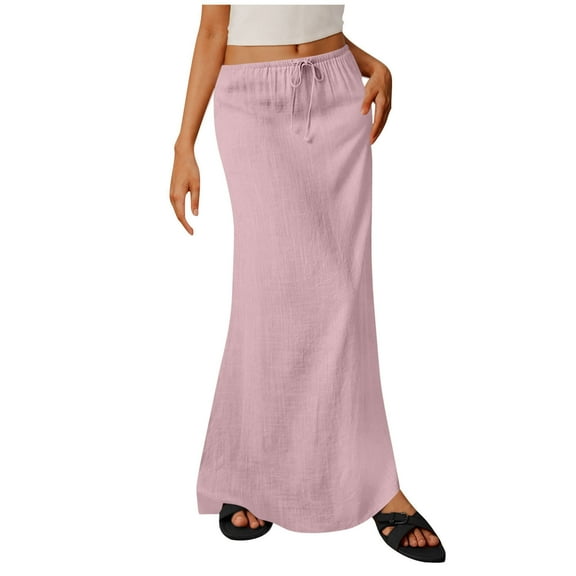 Maxi Skirts for Women Trendy New Flowy Skirts for Women 2025 Summer Drawstring Waist a Line Skirts Vacation Trendy Comfy Boho Long Skirt Pinky L