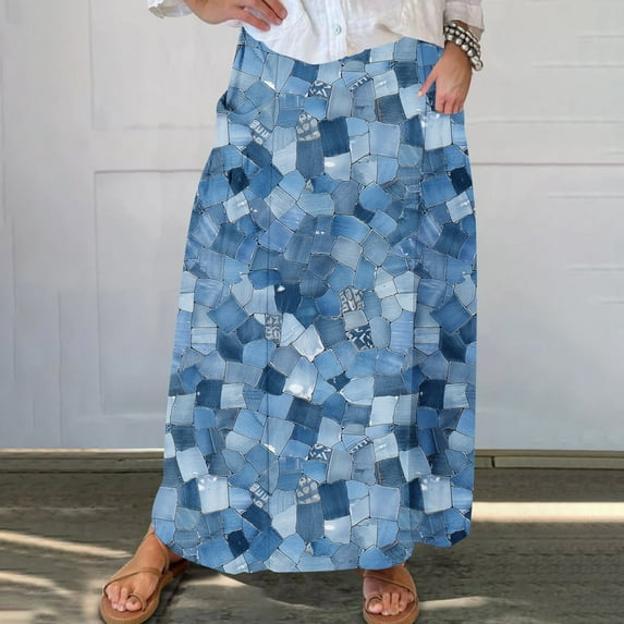 Maxi Skirts for Women Viikei Women's Flowy Maxi Skirt Summer,Women's Printed Elastic Waistband Pleated Pocket Skirt With Mid Calf Skirt Light Blue XXL