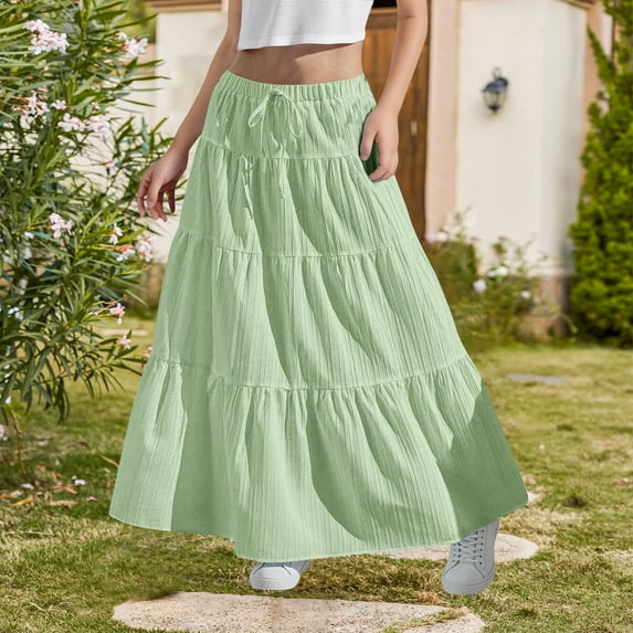 Maxi Skirts for Girls Solid Color Flowy Boho Skirts for Summer High Waist Tiered a Line Skirts Green 10-11Y