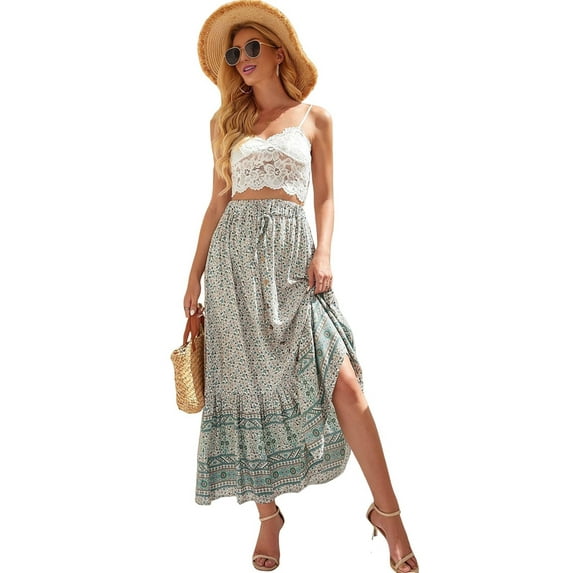 Maxi Skirts for Women 2025 Summer Boho Long Flowy Floral Elastic High Waist Front Slit Skirt Casual Travel Skirt White S