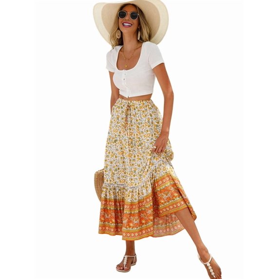 Maxi Skirts for Women 2025 Summer Boho Long Flowy Floral Elastic High Waist Skirt Casual Travel Skirt Orange Color XL