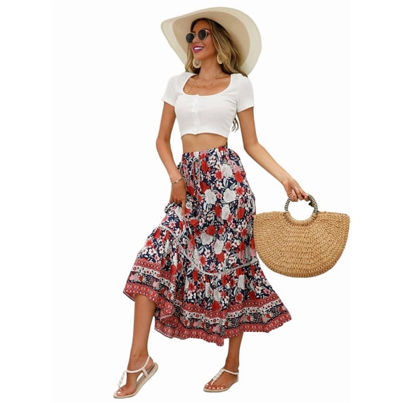 Maxi Skirts for Women 2025 Summer Boho Long Flowy Floral Elastic High Waist Skirt Casual Travel Skirt Red L
