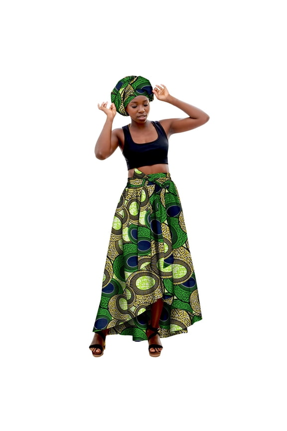 Maxi Skirts for Women African Inspired Bohemian Print Flowy Ankle Length Skirt and Head Scarf Green L