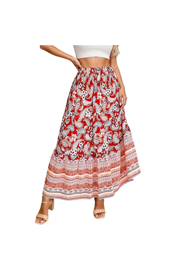 Maxi Skirts for Women Bohemian Floral Print High Waist Flowy A Line Long Skirt for Beach Casual Red XXL