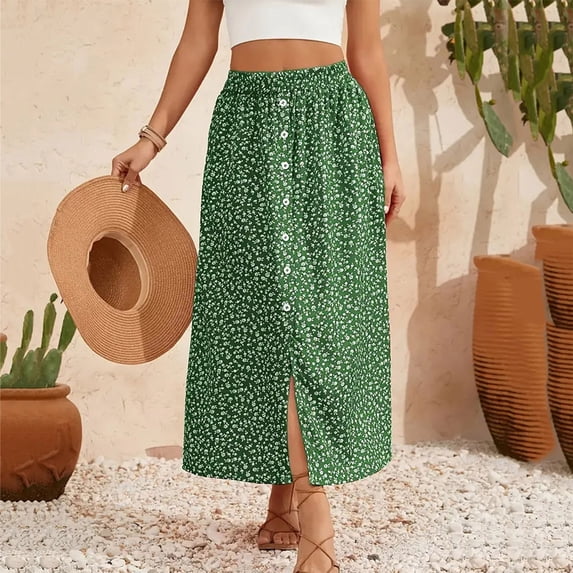 Maxi Skirts for Women Boho Elastic High Waist Button Front Side Slit Floral Print Flowy Summer Casual Beach Skirt