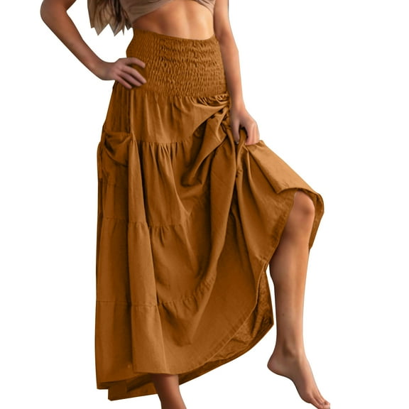 Maxi Skirts for Women Boho Elastic High Waisted Ruffle Skirt Summer Trendy Casual Long Flowy Beach Skirts