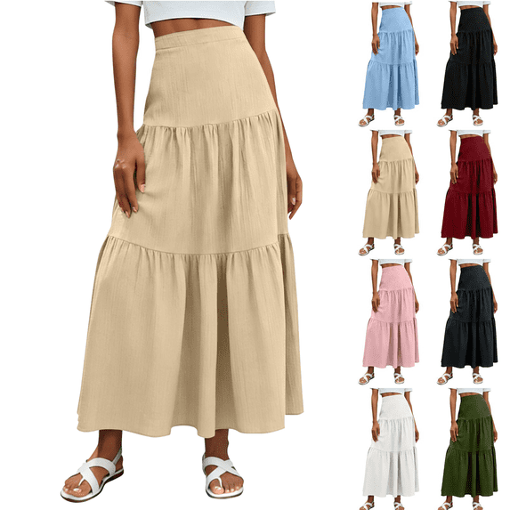 Maxi Skirts for Women Boho Solid Color Elastic Waist Tiered Ruffle Summer Swing Beach Party Holiday Skirt S-2XL