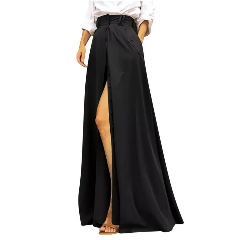 Maxi Skirts for Women Button Down High Waisted Solid Color Casual A Line Flowy Swing Floor Length Skirt with Pockets Walmart