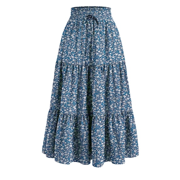 Maxi Skirts for Women, Casual Tiered Long Skirt, High Waist Drawstring Elastic Waist Flowy Skirt Blue M