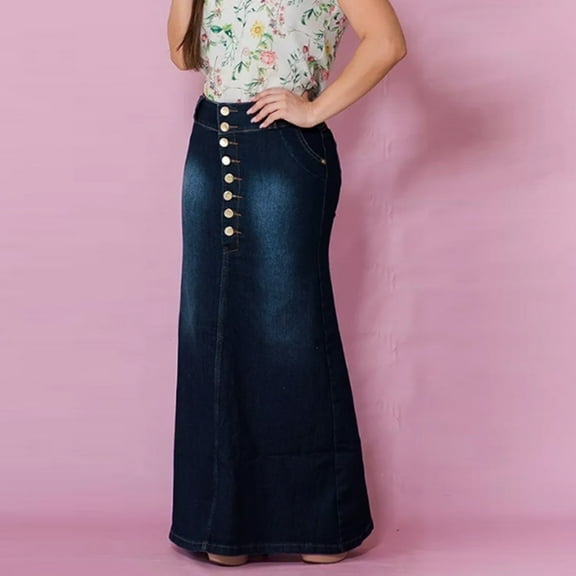 Maxi Skirts for Women Denim Skirt with Buttons Casual Hem High Waist A Line Long Womens Jean Skirt Dark Blue L