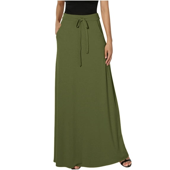 Maxi Skirts for Women Fashion Solid Color Bandage Elastic Waist Casual Long Skirt with Pockets Plus Size Women's Clothing on Clearance