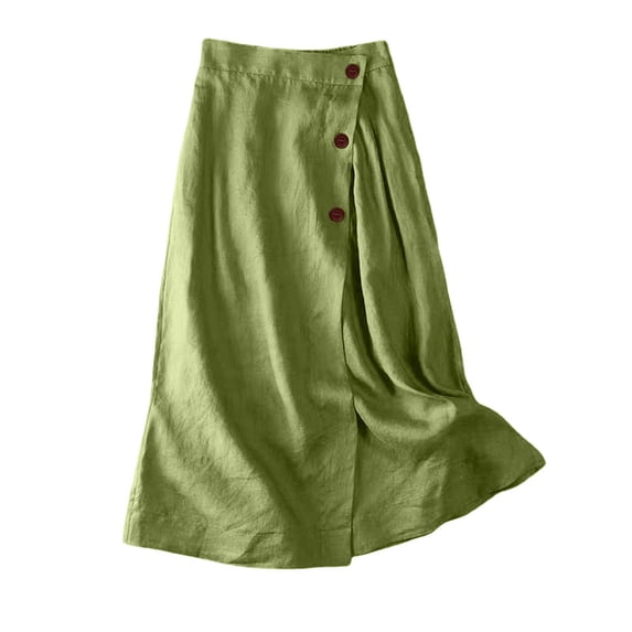 Maxi Skirts for Women, High Waist Linen A-Line Skirt, Button Front Wrap Style Flowy Midi Skirt Green M