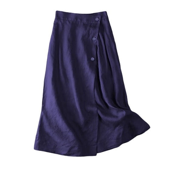 Maxi Skirts for Women, High Waist Linen A-Line Skirt, Button Front Wrap Style Flowy Midi Skirt Navy XL