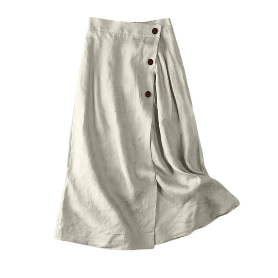 Maxi Skirts for Women, High Waist Linen A-Line Skirt, Button Front Wrap Style Flowy Midi Skirt White L