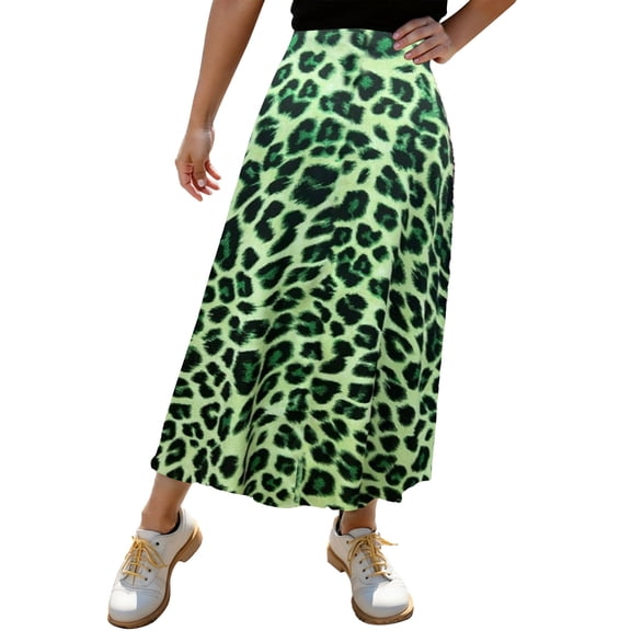 Maxi Skirts for Women Leopard Print High Waist Slit A Line Stretchy Skirt with Side Pockets Green L