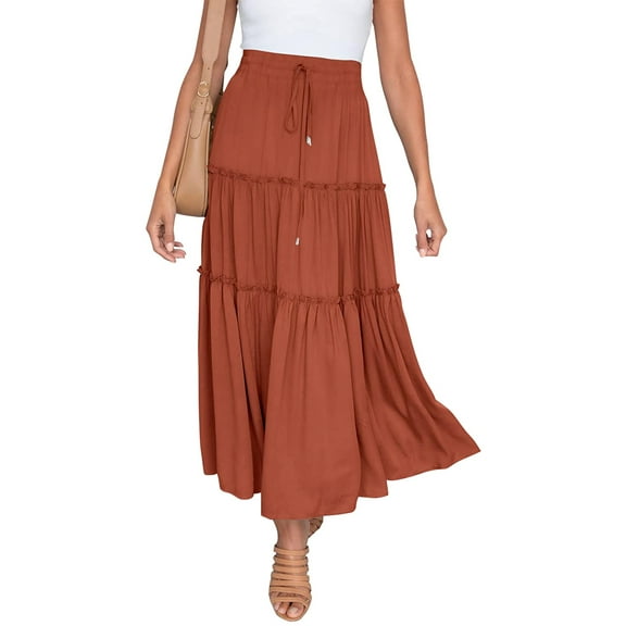 Maxi Skirts for Women Long Beach Skirts Pleated Elastic Waist Ruffled Skirt for Casual Party