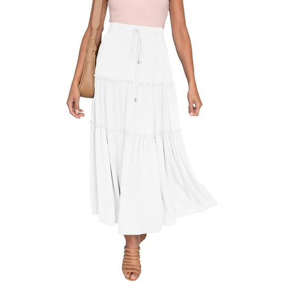 Maxi Skirts for Women Long Beach Skirts Pleated Elastic Waist Ruffled Skirt for Casual Party