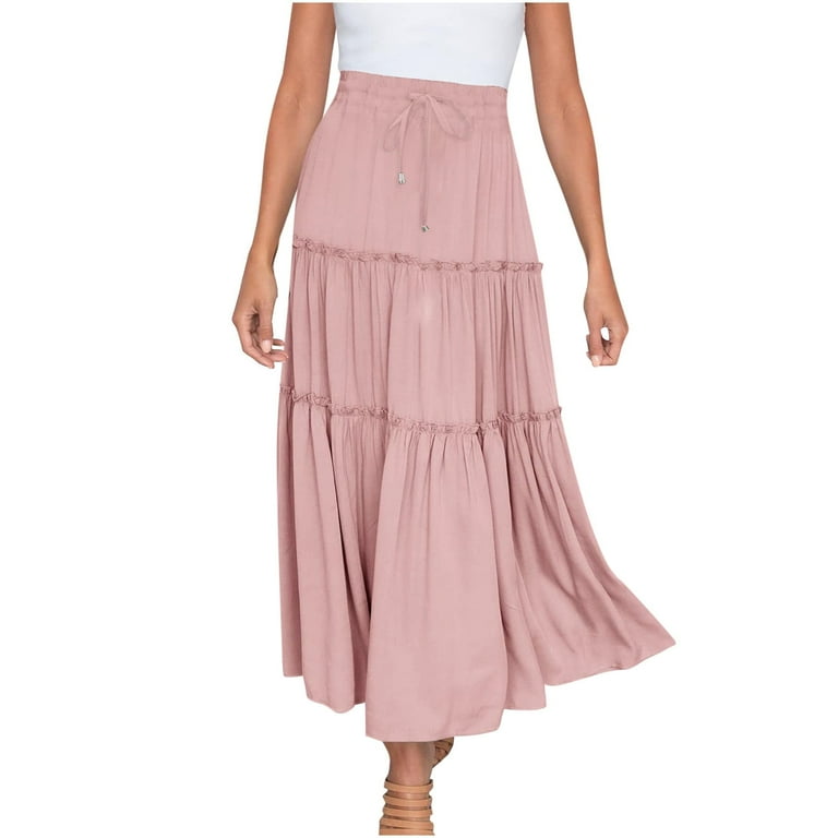 Elastic Waist Pink Pleated Skirt 48 Women's Maxi Skirt, Pleated With