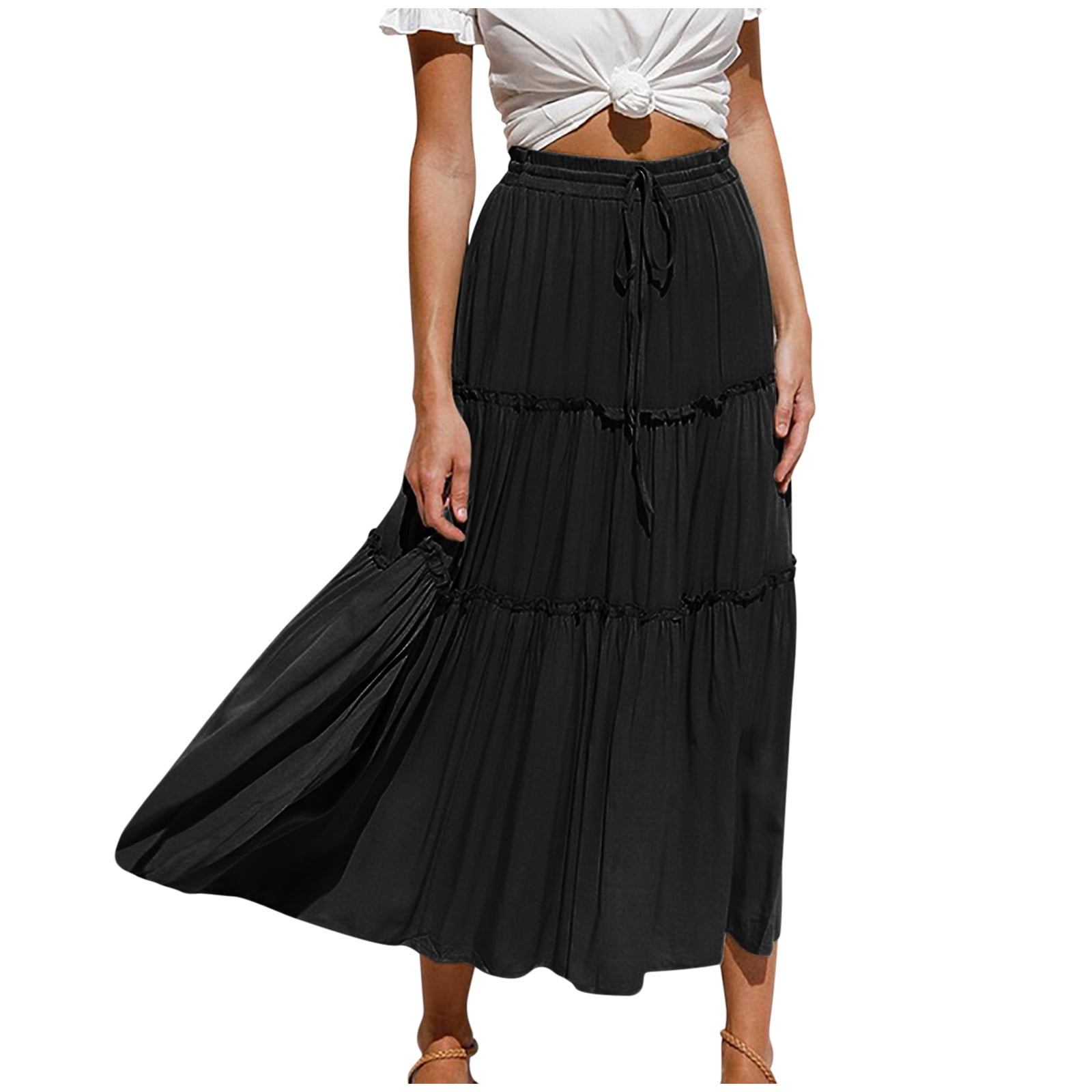 Maxi Skirts for Women Long Beach Skirts Pleated Elastic Waist Ruffled ...