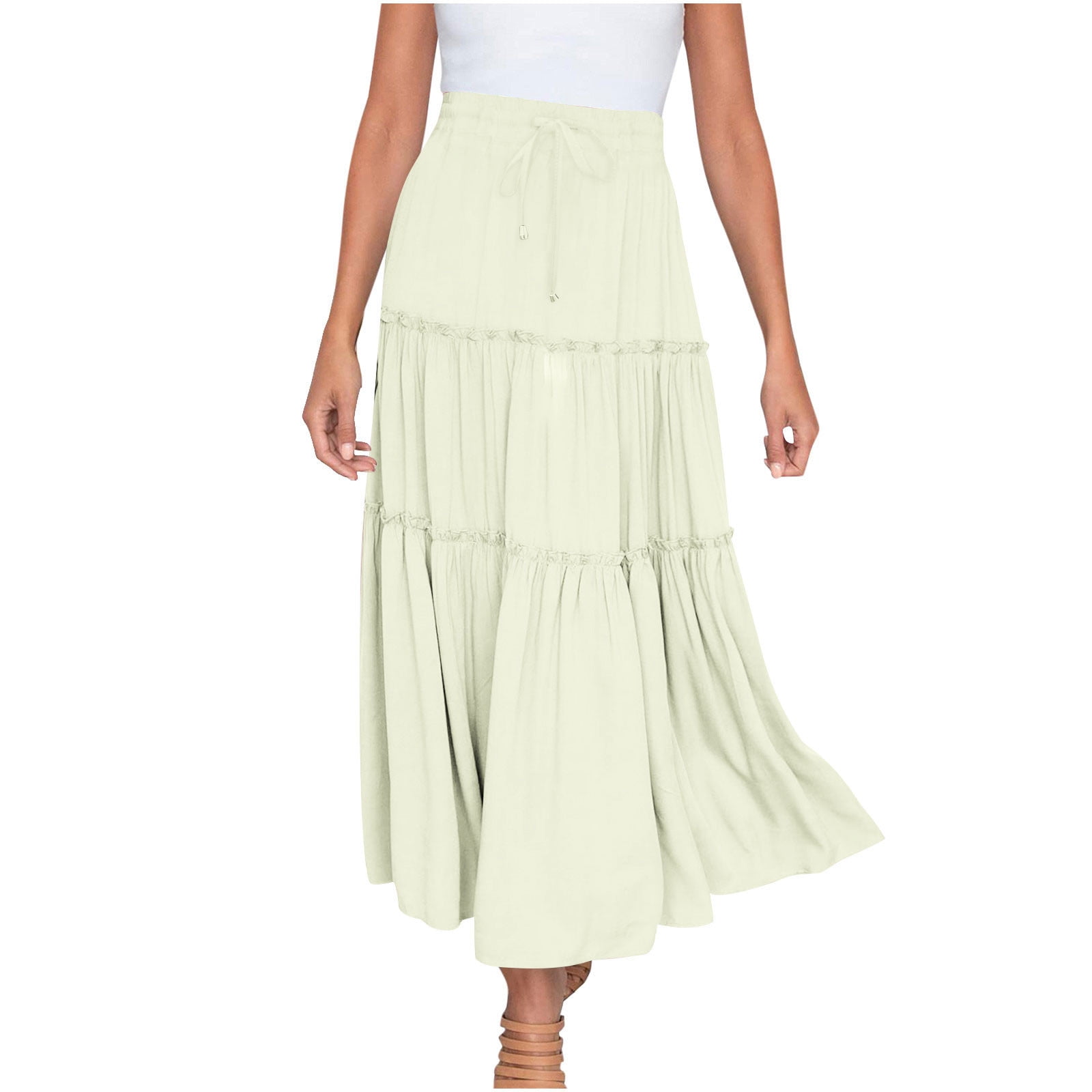 Maxi Skirts for Women Long Beach Skirts Pleated Elastic Waist Ruffled ...
