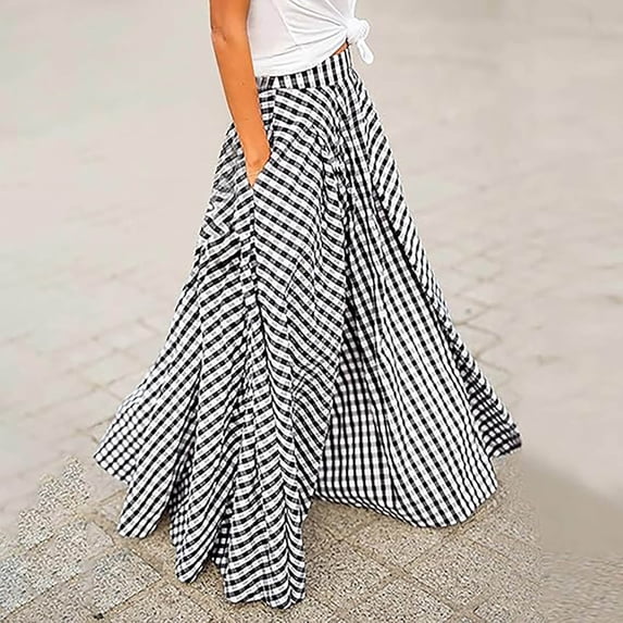Maxi Skirts for Women Loose Full Plaid Skirt with High Waist Comfortable Casual Flared Womens Long Skirt Black L