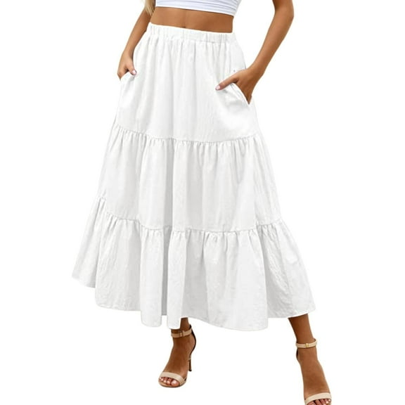 Maxi Skirts for Women Mid Length Skirt with Pockets High Elasticity Waist Flowing Ruffles Womens Clothes White S