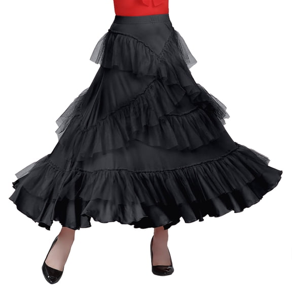 Maxi Skirts for Women Modern Dance Skirt Ballroom Practice Wear Flowy Mesh Layer Performance Skirt for Latin Black XL