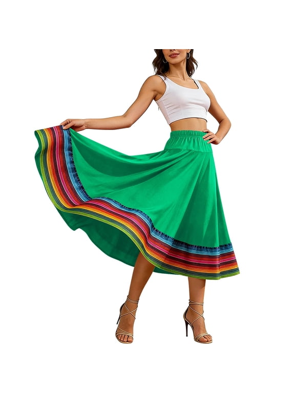 Maxi Skirts for Women Plus Size Summer Elastic High Waist A-Line Flowy Swing Striped Color Block Performance Folk Dance Skirt