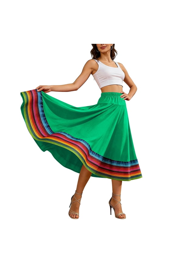 Maxi Skirts for Women Plus Size Summer Elastic High Waist A-Line Flowy Swing Striped Color Block Performance Folk Dance Skirt