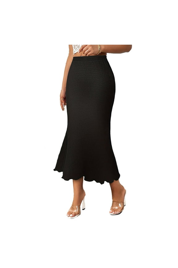 Maxi Skirts for Women Rib Knit Ruched Elastic Waist Ruffle Hem Fishtail Midi Skirt Womens Summer Clothes Black M