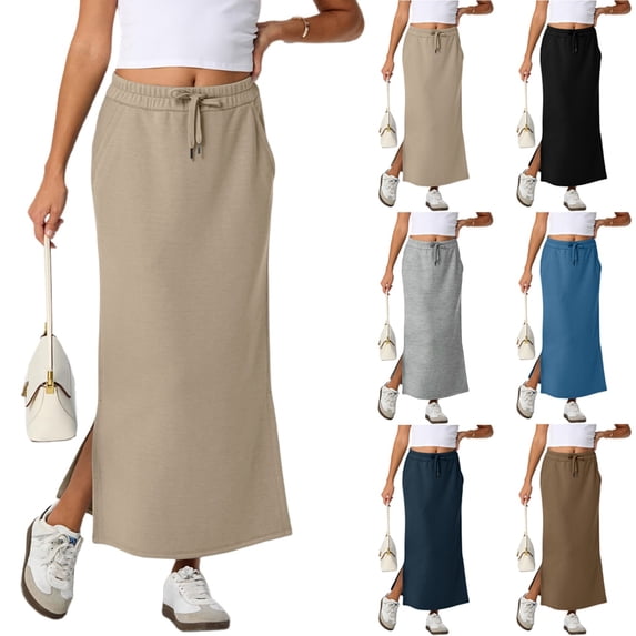 Maxi Skirts for Women Side Slit High Waisted Drawstring Long Skirts Gray L