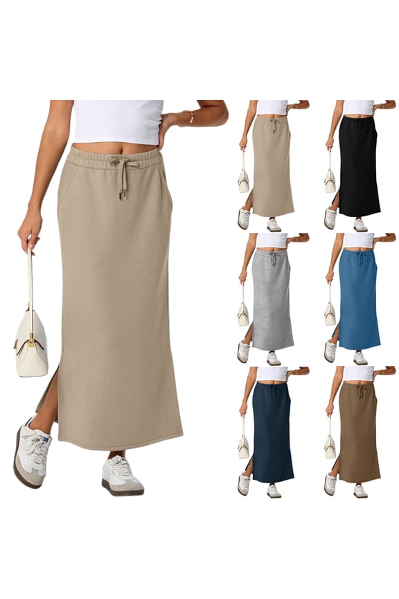 Maxi Skirts for Women Side Slit High Waisted Drawstring Long Skirts Khaki L
