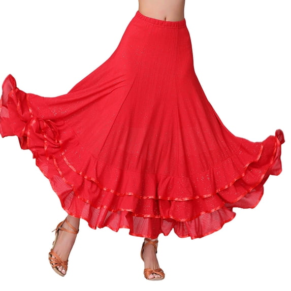 Maxi Skirts for Women Solid Layered Flowy Spanish Traditional Festival Dance Skirt Red L