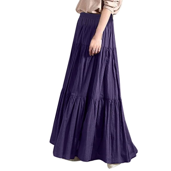 Maxi Skirts for Women Spring Summer Casual High Waist Solid Color Pleated Loose Swing Long Skirt Purple M